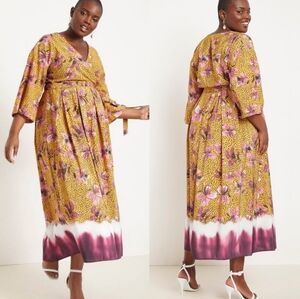 Eloquii Floral Maxi Wrap Dress Kimono Sleeve Mustard Purple Dip Dye Hem Sz 22